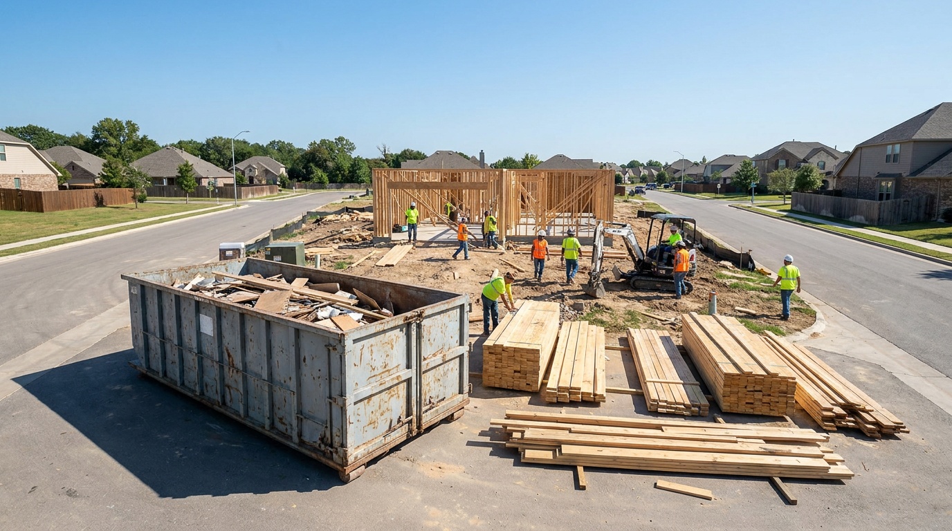 Construction dumpster on a Bryan, TX job site