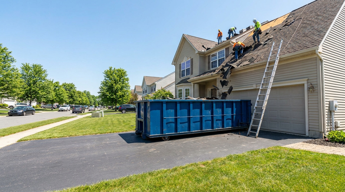 Roofing tear-off dumpster in Bryan